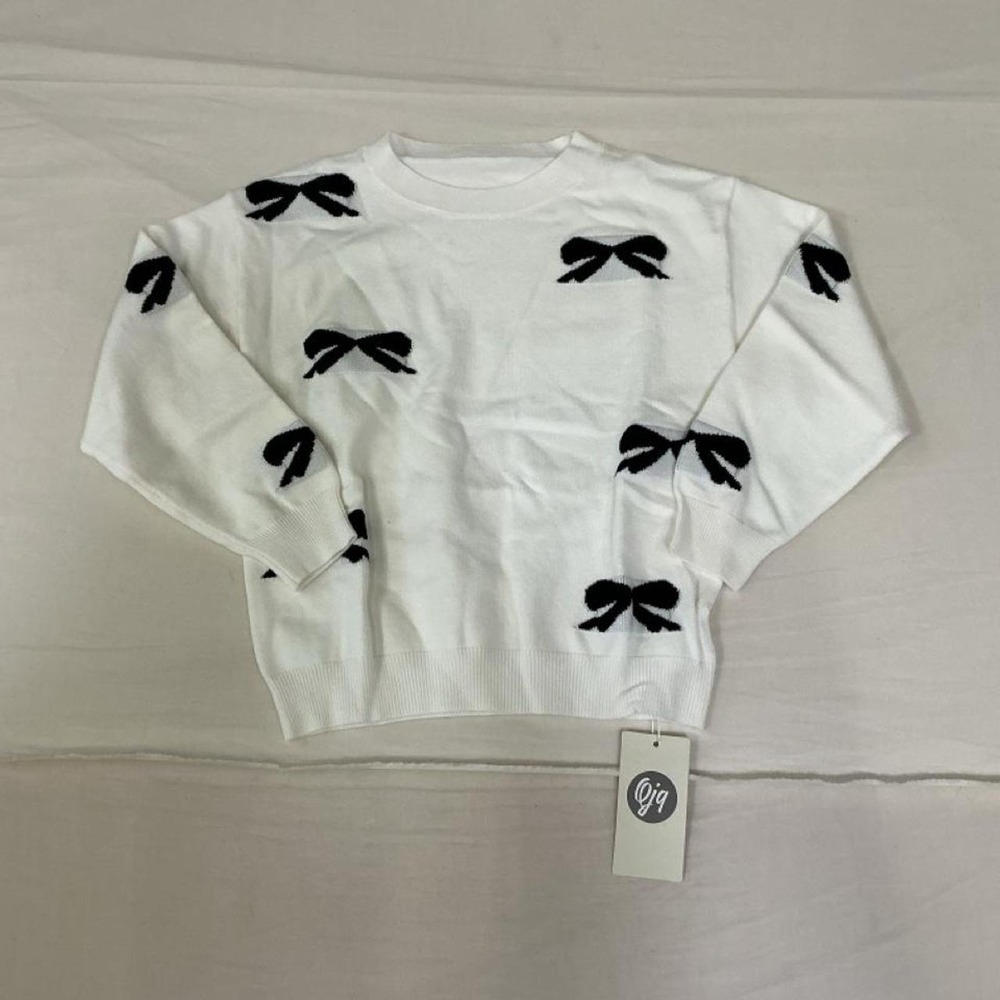 White & Black Bow Print Girls' Sweater – Size 9Y – NWT